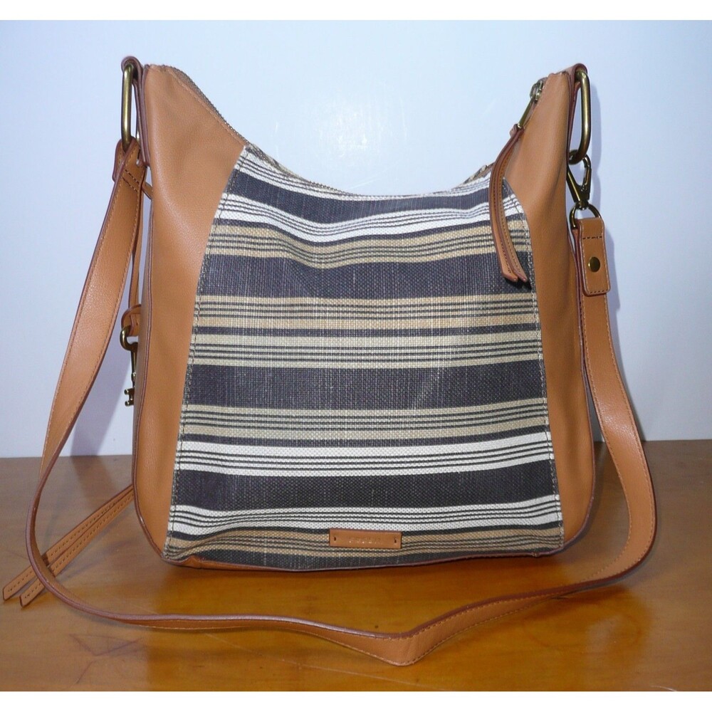 Fossil Talia Hobo Crossbody Shoulder Bag Tan and Navy Stripes on Jute W/ Key